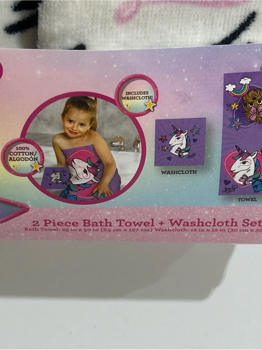 JOJO SIWA Unicorn Rainbow 2 Piece Bath Towel Washcloth Set 25x50 Full Size New.
